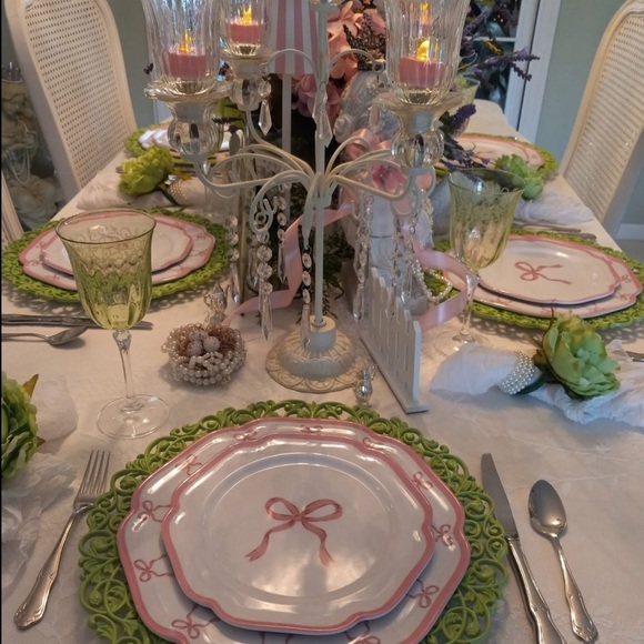 Shabby Chic Pink Coquette Bows Melamine Salad & Dinner Plates 8 PC Set Pastel - Picture 10 of 13